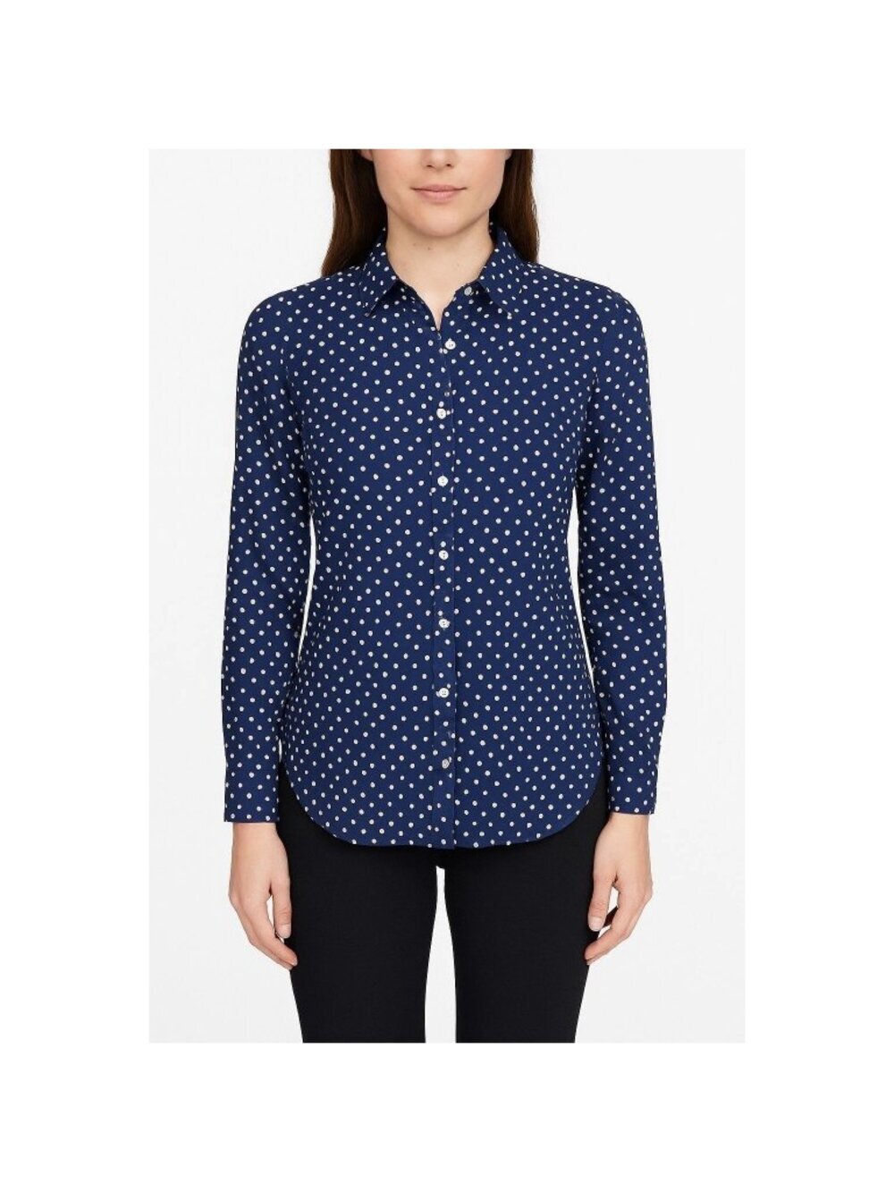 Lands' End Women's 8P Polka Dot Button-Down Dress Shirt Navy Blue  B1253